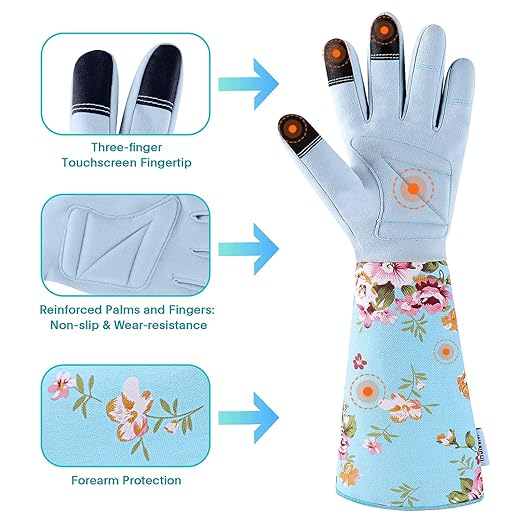 WANCHI Extended Sleeve Garden Gloves for Women, Soft Grip Gardening Gloves, Lightweight Comfort Wear for Planting, Landscaping & Outdoor Tasks, Blue Small
