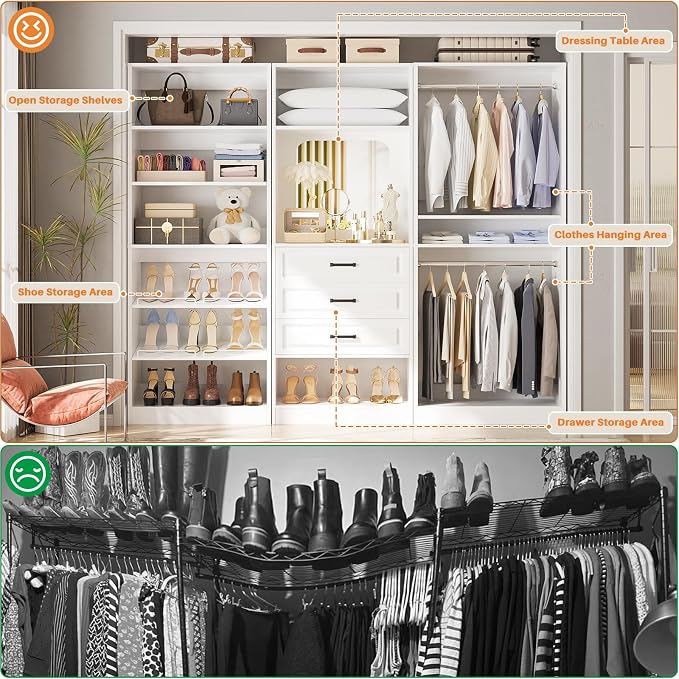 Unikito 75" Modular Closet System with 3 Sets, Mirror & Drawers, White
