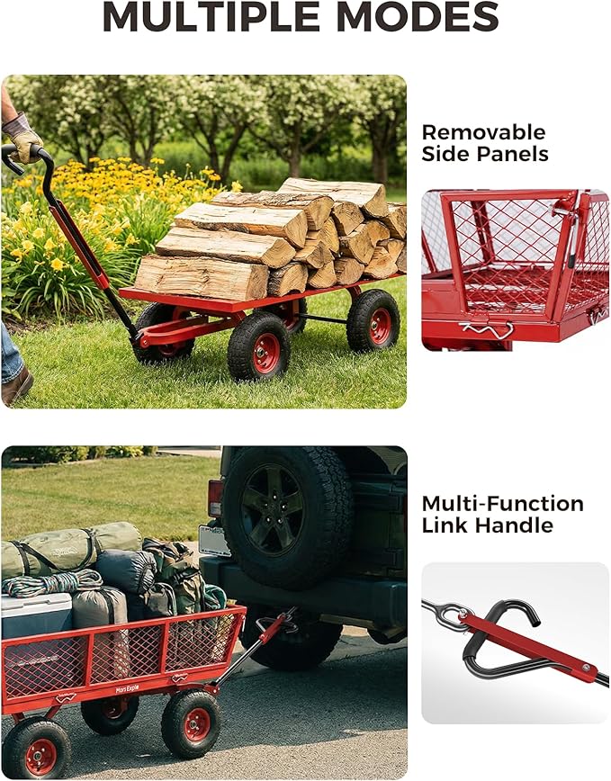 900 Lbs Heavy Duty Steel Garden Cart, Outdoor Metal Garden Wagon On Wheels, Utility Yard Cart with Mesh Removable Sides(Convert to Flatbed) and Removable Handle (to Wheel Barrow), Deep Red
