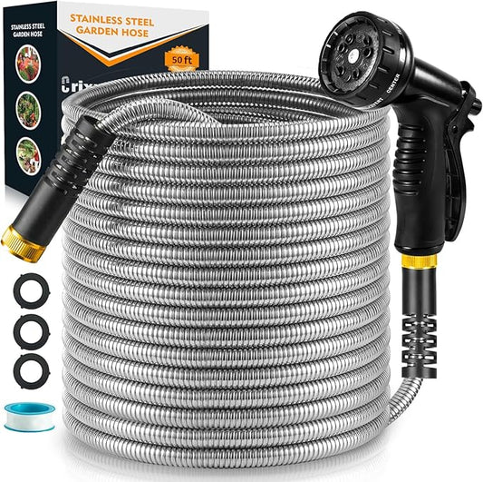 Garden Hose 50 ft, Stainless Steel Water Hose 50ft Heavy Duty with 10 Function Nozzle, Flexible No-Kink Metal Hose 50 Feet, Pet-Proof Water Pipe for Outside Yard