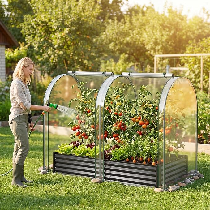 Giantex Galvanized Raised Garden Bed with Greenhouse Cover, 6x3x1 FT Outdoor Metal Oval Tall Planter Box with 2 Roll-up Windows, Clear PVC Mini Greenhouse for Vegetables Flowers Herbs Patio (Black)