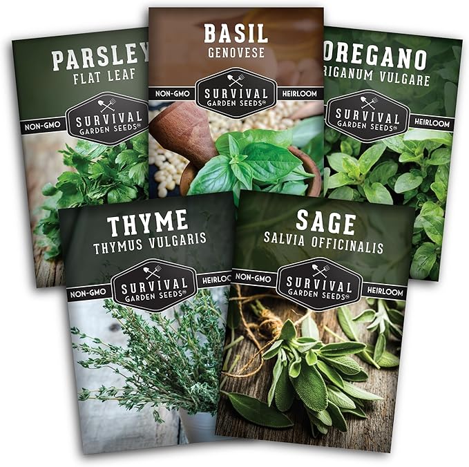 Survival Garden Seeds - Italian Herb Collection Seed Vault - Basil, Oregano, Thyme, Sage, Flat Leaf Parsley - Non-GMO Heirloom Varieties of Culinary & Medicinal Herbs for Any Garden or Homestead