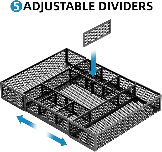 Marbrasse Expandable Desk Drawer Organizer, Mesh Drawer Organizer Tray with 10 Adjustable Compartments, Desk Organizers and Accessories for Office Supplies, Makeup & Vanity (Expandable Black-2 pack)
