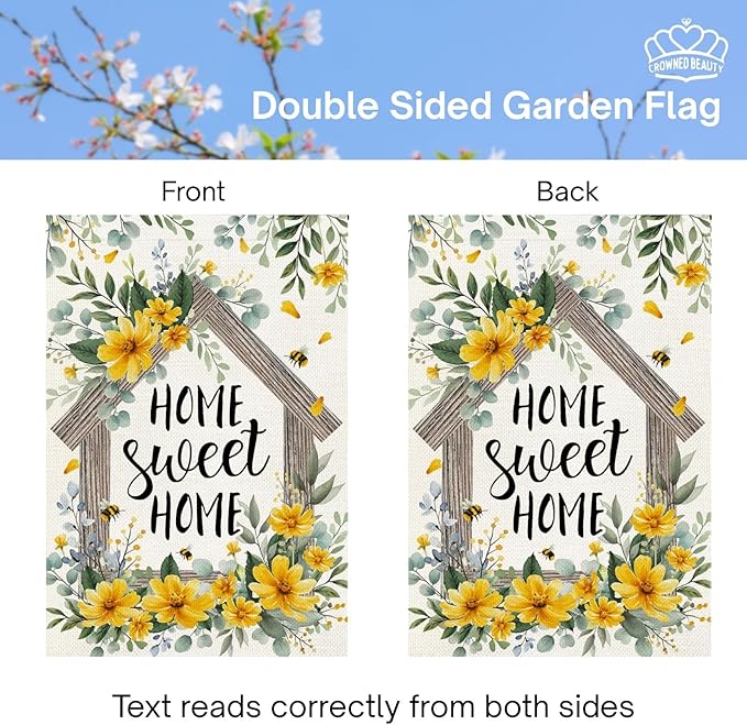 CROWNED BEAUTY Spring Home Sweet Home House Flag Eucalyptus Yellow Wildflowers Double Sided 28x40 Inches Large Burlap Welcome Holiday Seasonal Yard Decoration for Outside Porch