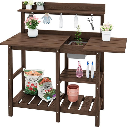 SERWALL Outdoor Potting Bench with Removeable Sink,Rot-Resistant HDPE Potting Table for Outside Gardening, All Weather Use - Coffee
