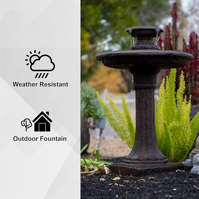 XBrand 28" Tiered Freestanding Classic Bird Bath Outdoor Water Fountain with Auto Shut-Off Pump, Brown