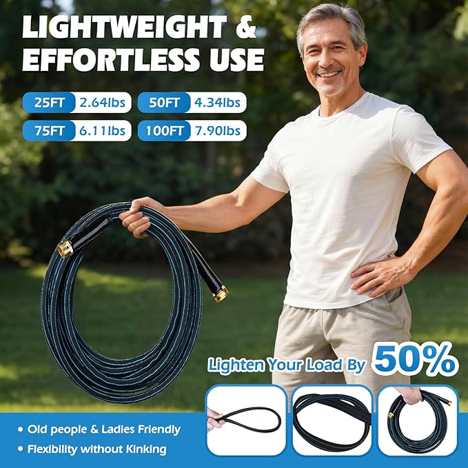 Non-Expanding Garden Hose 75FT with 10-Pattern Nozzle, Lightweight Flexible Water Hose Kink-Resistant, Brass 3/4'' Fittings & Sealing Washers, for Yard Lawn Garden Car Wash Pet Bathing