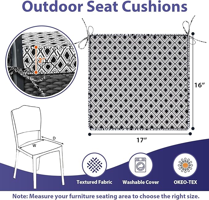 IPYNBAP Outdoor Chair Cushions Set of 4,Waterproof Outdoor Seat Cushions for Patio Furniture,Patio Chair Cushion with Handle and Ties, Out Door Chair Pads,17" x 16" x 2", Black Geometry