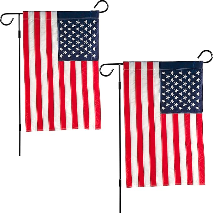 Evergreen 2 pcs American Flags with 2 Flag Stands | Set of 4 | Garden Flags 12x18 Double Sided | Patriotic House Flags For Outside | Small American Flag Garden Size | Embroidered Stars and Stripes | USA Residential or Commercial