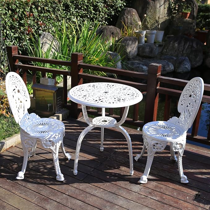 KAILI Patio Bistro Sets 3 Piece cast Aluminum Patio Furniture Outdoor Garden Metal Rust Proof Tables and Chairs White bisrto Set (Crown-White)
