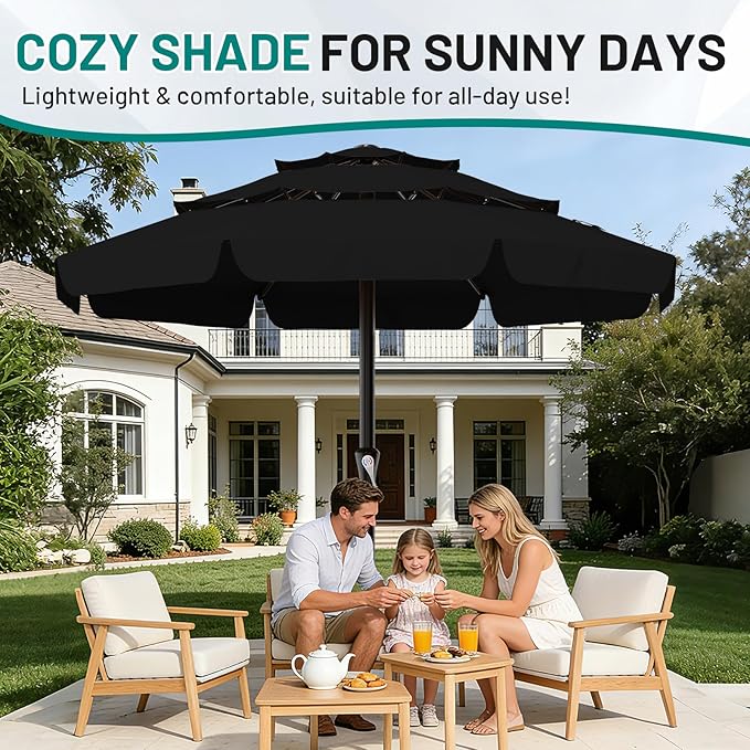 AreShark 11FT 3-Tiers Patio Umbrella with Valance, Outdoor with Crank, Large Outdoor Market Umbrellas Vented with 8 Sturdy Ribs, Patio Table Umbrellas for Garden, Deck, Backyard, Pool, Black