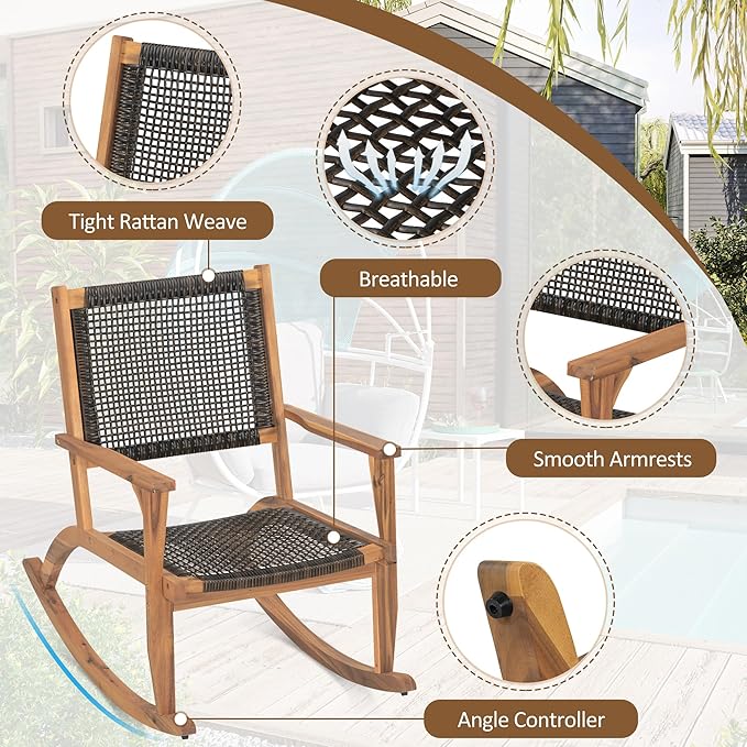 Merax 2-Piece Patio Rocking Chair Set, Acacia Wood Outdoor Rockers with PE Wicker Rattan Seat & Backrest, Comfortable Garden Porch Chairs for Backyard, Balcony, Poolside