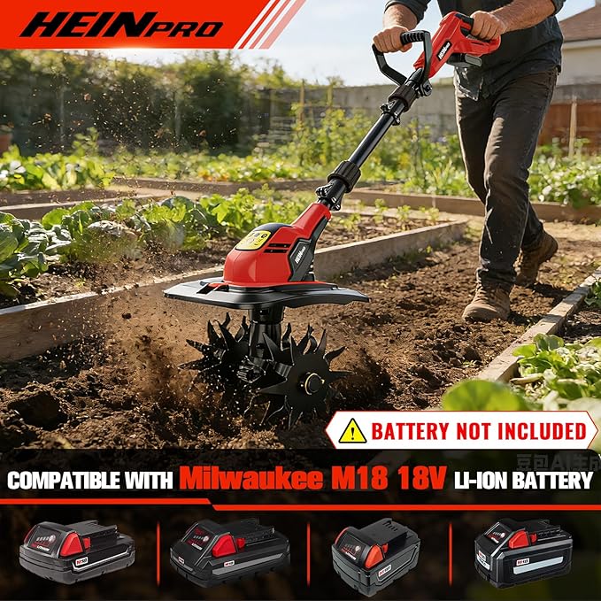HEINPRO Cordless Tiller Cultivator Compatible with Milwaukee M18 Battery, 9In Tilling Width & 7In Depth Electric Tiller for Gardening, 360RPM Rototillers for Garden Cultivator (Tool Only)