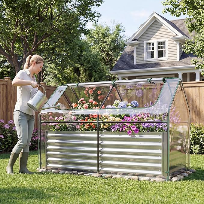 HAPPYGRILL Raised Garden Bed with Cover, Galvanized Planter Boxes Outdoor w/Mini Greenhouse, 2 Roll-up Windows & Open-Ended Base, Metal Growing Raised Bed for Vegetables (Silver, 71” x 36” x 48”)