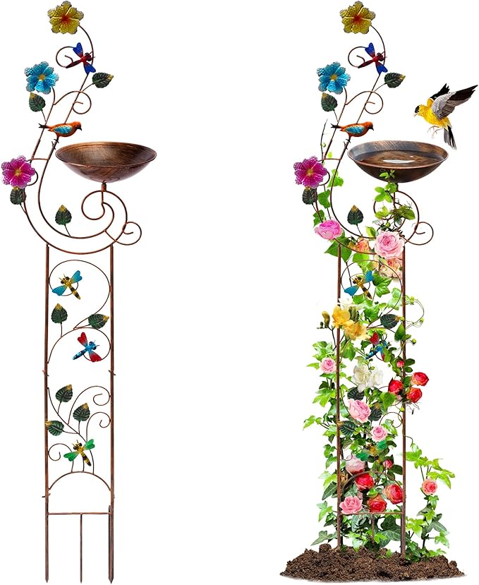 YYWMWM 57" Height Metal Bird Bath with Trellis for Outdoor, Vintage Decorative Bird Baths, Small Garden Plant Support, Antique BirdBath for Climbing Plants with Detachable Iron Bowl (Dragonfly)
