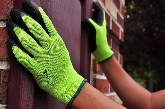 G & F 1516 12 Pairs Pack Premium High Visibility Low emissions Green Work and gardening Gloves for Men and Women. MicroFoam Textured Coated Palm and Fingers Gloves for Gardening Work, X-Large, Green