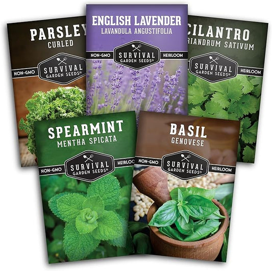 Aromatic Herb Garden Variety Pack – 5 Popular Types of Heirloom Herb Seeds – Spearmint, Lavender, Basil, Parsley, & Cilantro – Indoor, Outdoor Pollinator-Friendly - Survival Garden Seeds