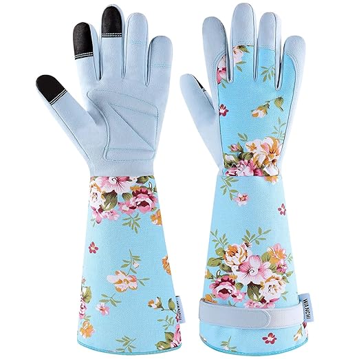 WANCHI Women's Long Arm Gardening Gloves, Flexible Hand Protection, Ergonomic Design for Digging, Trimming & Garden Maintenance, Blue Large