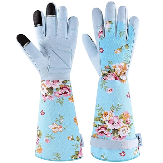 WANCHI Long Gardening Gloves for Women, Breathable Flexible Fit, Comfortable Durable Work Gloves for Planting, Weeding & Outdoor Yard Activities, Blue Medium