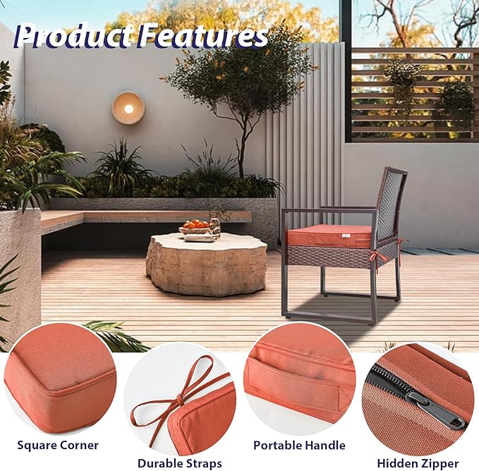 IPYNBAP Outdoor Chair Cushions Set of 4 -Waterproof Outdoor Seat Cushions for Patio Furniture, Patio Chair Cushion with Handle and Ties, Square Out Door Chair Pads,19" x 19" x 3", Spice