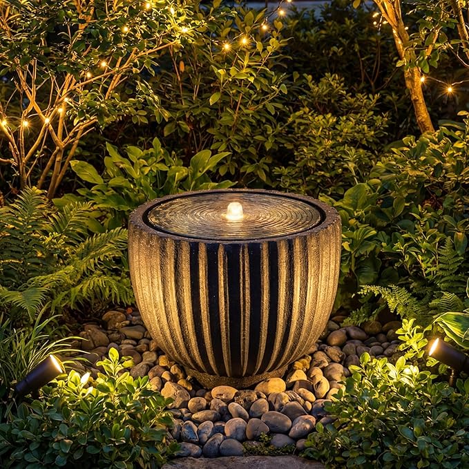 Giantex 18" Round Outdoor Water Fountain with 6 LED Lights, Stone Gray Resin Sphere Waterfall Feature with Adjustable Pump, Lighted Bubbling Fountain for Garden Patio Porch Decor (17.5" Dia. x 14" H)