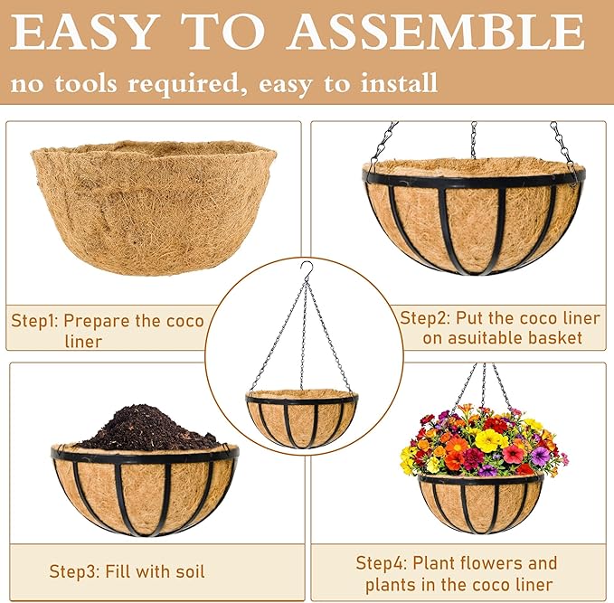 4 Pack 12" Round Metal Hanging Basket for Outdoor Plants Durable Large Hanging Planter with Coco Coir Round Plant Holders Planter for Outside Garden Decoration (Flat Iron)