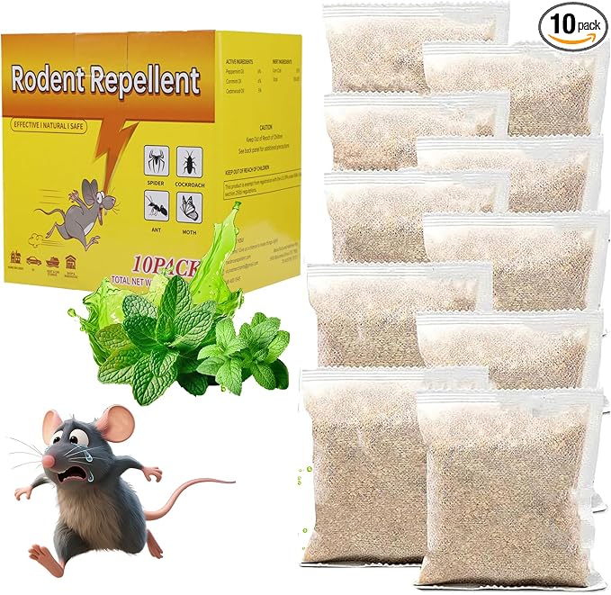 10 Pack Mouse Rodent Repellent, Peppermint Lemon Oil Mice Repellent for Squirrel Rats Spider Pests, Natural Deterrent for Kitchen, Warehouse, Car, Indoor, Outdoor, Safe for Pets Family