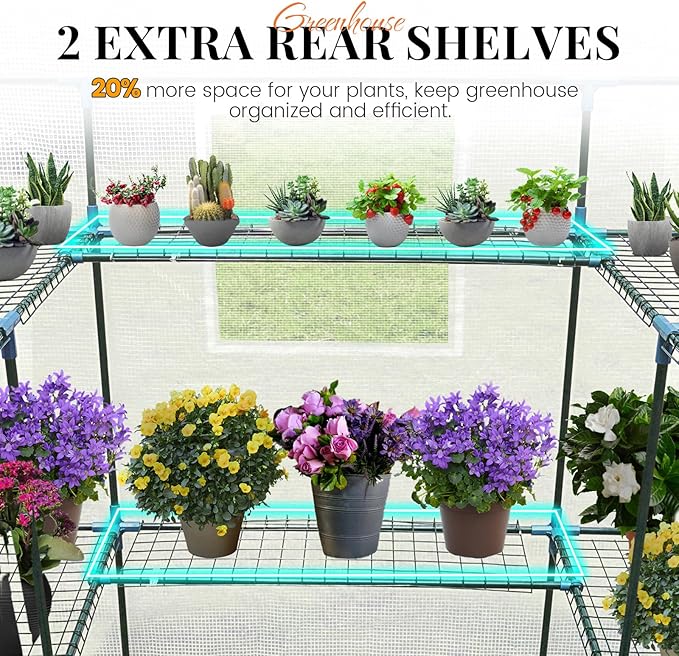 KING BIRD Premium Greenhouse for Outdoors, 84x56x77 Upgraded PVC Cover & Heavy Duty Steel Frame Walk-in Portable Green House for Outside Garden, Screen Windows & Mesh Door, 3 Tiers 14 Shelves, White