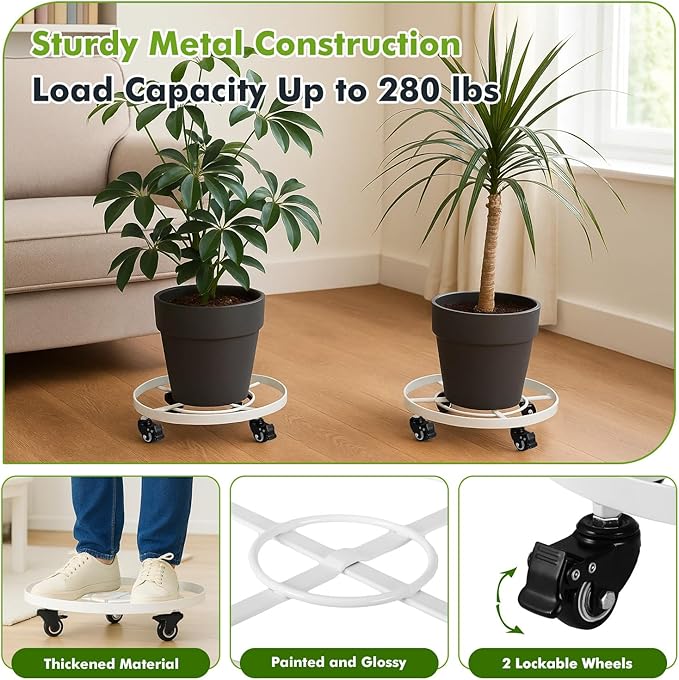 3 Packs Large Metal Plant Caddy 12.6 Inches Plant Dolly with Wheels Heavy-duty Rolling Wheeled Plant Stand with Casters for Indoor Outdoor Plant Dolly Mover Rollers Coasters White, Strong Load Capacity