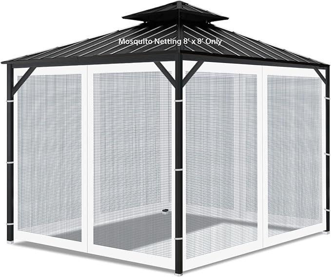 Gazebo Universal Replacement Mosquito Netting, 8' x 8' Outdoor Mesh Netting Screen 4-Panel Sidewall with Zipper for Patio Canopy Garden Porch Pergolas and Backyard, White(Mosquito Net Only)