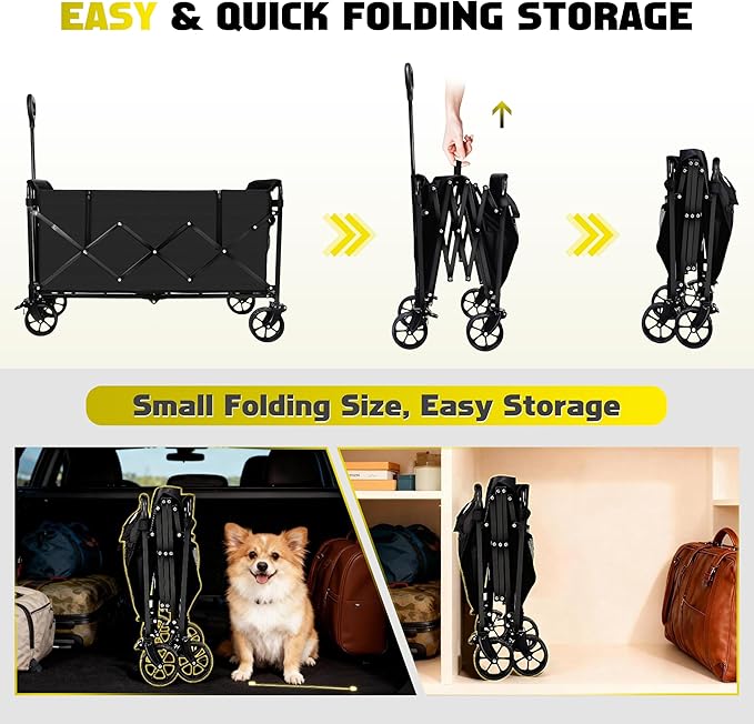 500LBS Collapsible Foldable Wagon Cart - 230L Large Wagons with Table, Heavy Duty Portable Utility Folding Cart with 360° Swivel Brakes Wheels & 2 Cup Holders, for Shopping Camping Beach Garden & Fish