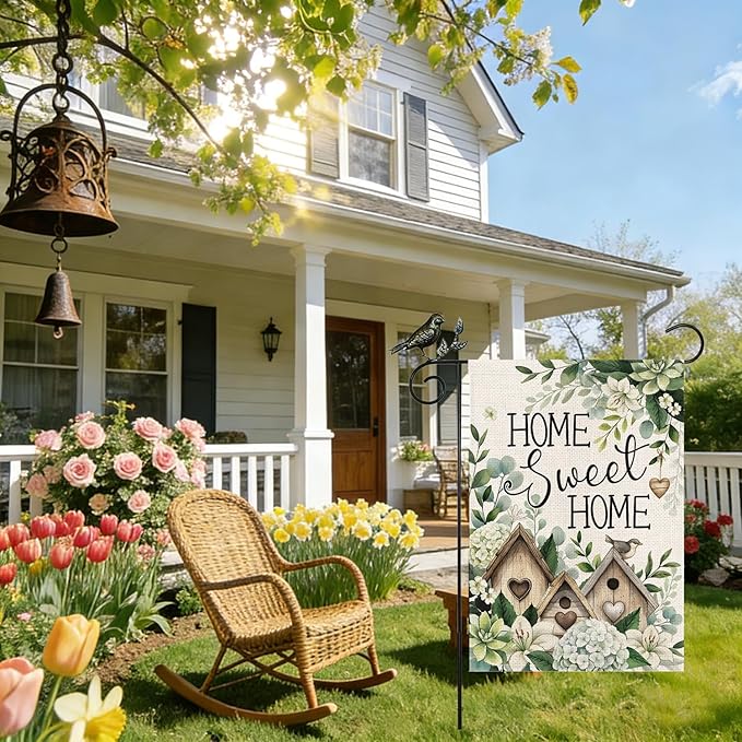 GEEORY Home Sweet Home Garden Flag 12x18 Inch, Hydrangea Eucalyptus Double Sided Spring Summer Decor, Farmhouse Rustic Outdoor Floral Flag Outside Yard Lawn Decoration