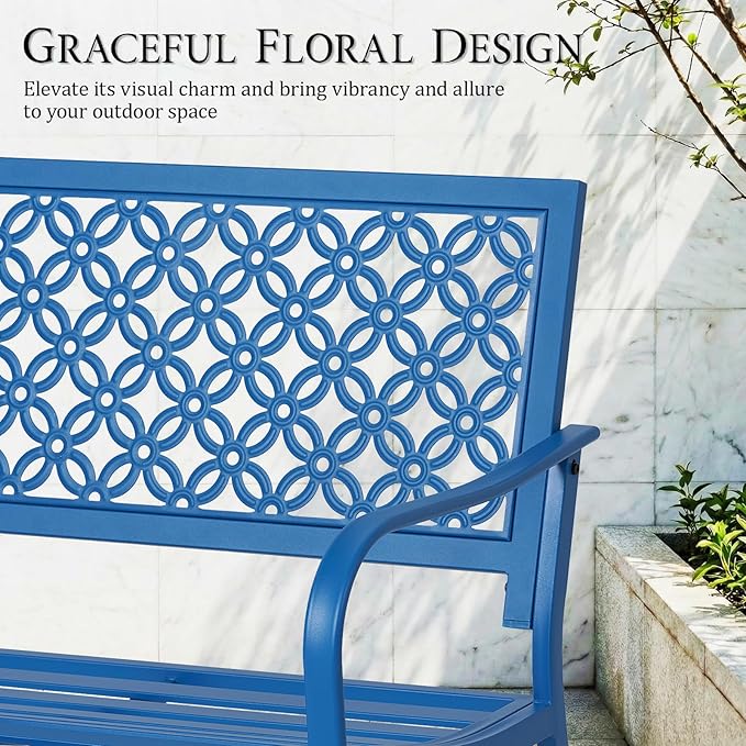 ONBRILL 50" Outdoor Bench Weatherproof, 700 lbs Capacity Heavy Duty Garden Benches with Galvanized Metal Frame, Patio Bench with Floral Backrest, Patio Furniture for Porch, Park, Yard, Entryway, Blue