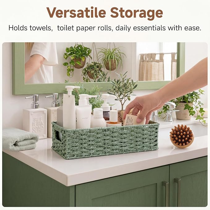 StorageWorks Wicker Toilet Basket Tank Topper for Sage Green Bathroom Decor | Paper Rope Toilet Paper Baskets with Built-in Handles, Small Wicker Bathroom Basket Organizer for tank top, countertop