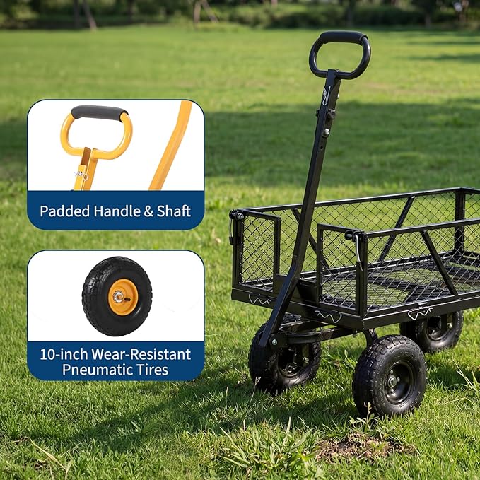 Heavy Duty Steel Garden Cart, 950 LBS Load Capacity Garden Wagon with 10 inch Tire and 180° Rotating Handle Attach to ATV or Tractor, Yellow
