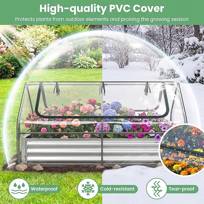 Happygrill Raised Garden Bed with Cover, Galvanized Planter Boxes Outdoor w/Mini Greenhouse, 2 Roll-up Windows & Open-Ended Base, Metal Growing Raised Bed for Vegetables (Silver, 72” x 36” x 37”)