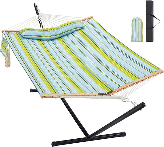 Homgava Two Person Hammock with Stand for Outside Heavy Duty, Outdoor Patio Hammock with Portable Steel Stand, Large Double Hammocks,480lbs Capacity.(Light Blue Stripes)