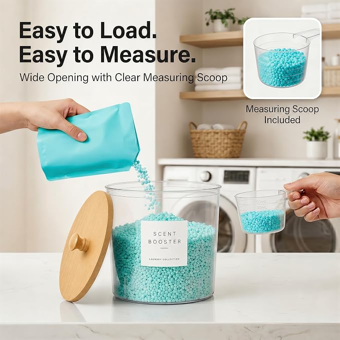 Laundry Room Organization Set, 4 Laundry Containers, 2 detergent dispenser | 2 liquid laundry detergent dispensers, 3 laundry pods containers, 1 dryer sheet holder, with wood lids, labels and scoops