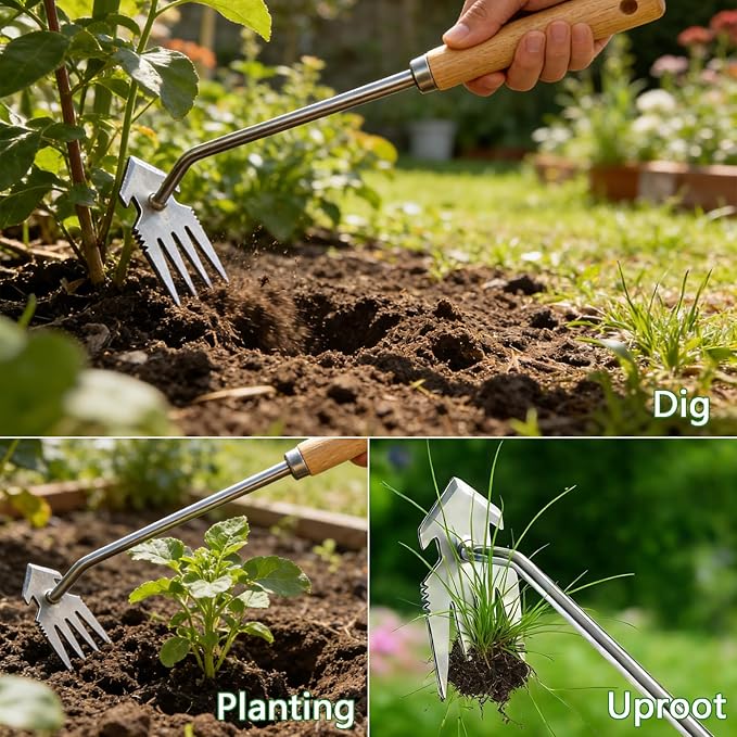 Weed Puller Tool, 2 Pack Garden Tools with 4 Teeth Weed Puller and Uprooting Weeding Tool for Garden, Patio, Lawn, Flower Beds and Sidewalk