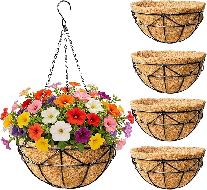 EIMQUVW 4 Pack Hanging Planters with Coconut Liner Metal Outdoor Hanging Baskets with Chains 12 Inch Durable Wire Flower Pots for Porch Garden Spring Summer Decor