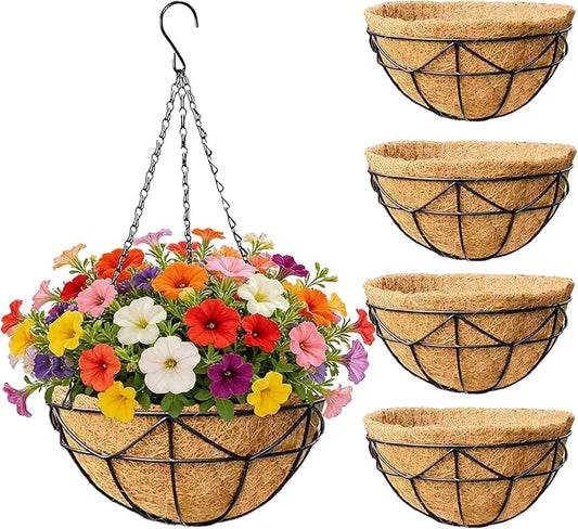 EIMQUVW 4 Pack Hanging Planters with Coconut Liner Metal Outdoor Hanging Baskets with Chains 12 Inch Durable Wire Flower Pots for Porch Garden Spring Summer Decor