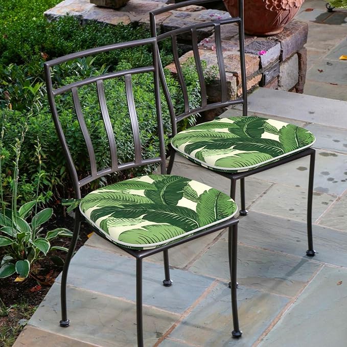 Outdoor Chair Cushions Set of 4, Water Resistant Patio Chair Pads with Ties, Seat Cushions for Home Garden Furniture Decoration, 16"x17", Swaying Palms Green