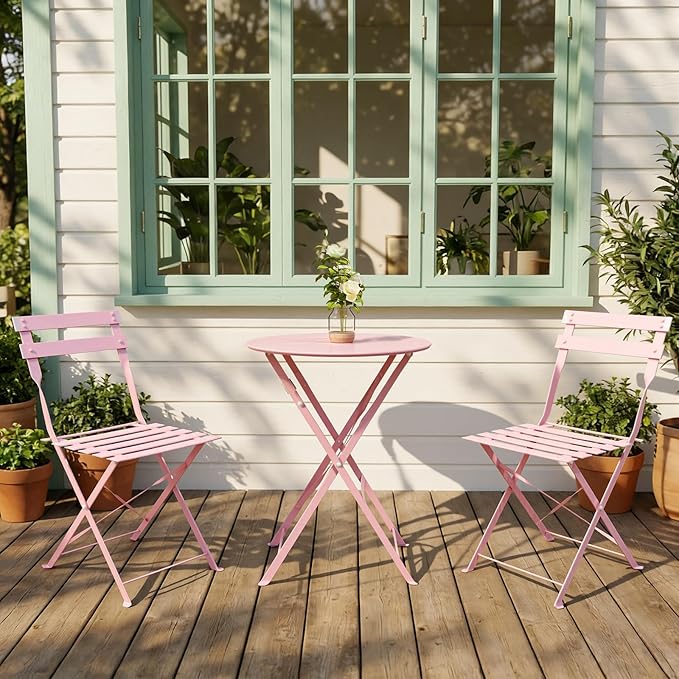 3-Piece Folding Bistro Set, 2 Chairs and 1 Coffee Table, Space Saving Weather-Resistant Frame, Portable Indoor/Outdoor Patio Furniture Conversation Set for Garden Porch Balcony Deck - Pink