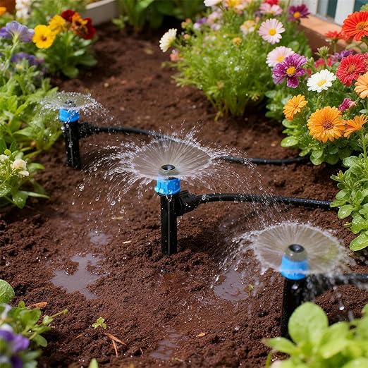 50pcs Drip Emitters Fan Shape with Stake for 1/4" Irrigation Tubing, Adjustable 360 Degree Water Flow Irrigation Vortex Sprayer On 5" Stake Garden Irrigation Dripper for Watering System