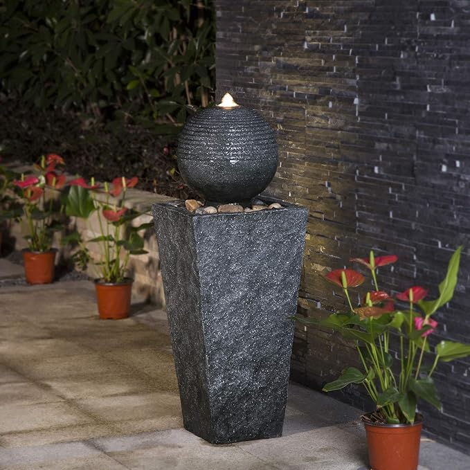 Glitzhome Outdoor Water Fountain, Outdoor Fountain with Pebbles, Pump and LED Light, 31.75" H Modern Geometric Pedestal and Sphere Polyresin Waterfall Fountain for Patio, Backyard, Garden, Deck Decor