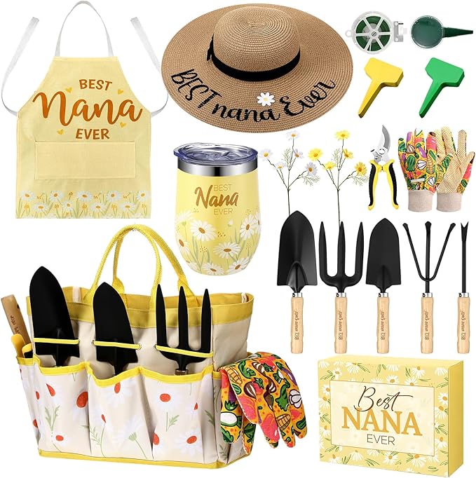 Lasnten 16 Pcs Mothers Day Garden Gift for Nana Women Dasiy Gardening Supplies Birthday Garden Tools Set from Daughters Gloves Apron Insulation Cup Fork Trowel Tote Bags for Plant Present