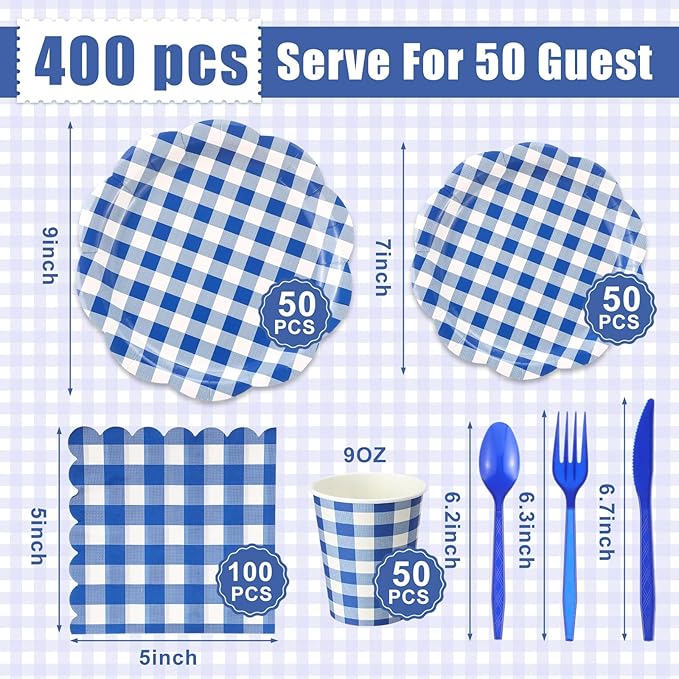 Funnymoom 400 Pcs Gingham Party Supplies for 50 Guests Dark Blue and White Paper Plates and Napkins Knives Spoon Fork Cup Disposable Checkered Dinner Party Set Cutlery for Baby Shower Wedding Favor