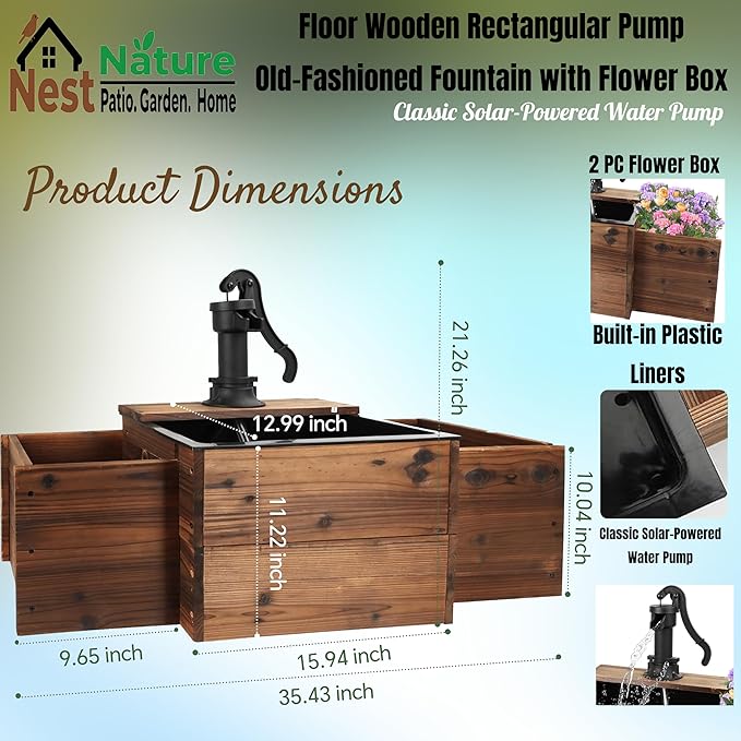 NestNature Outdoor Water Fountain,Floor Wooden Rectangular Pump Old-Fashioned Fountain with Flower Box, Solar-Powered Electric Decorative Hand Pump, Outdoor Water Feature for Garden Patio Backyard