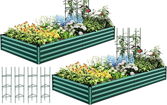 Quictent Galvanized Raised Garden Bed 8x4x1 Ft Metal Planter Box for Vegetables Bottomless for Backyard, 2 Tomato Cages Included, Green 2PCS