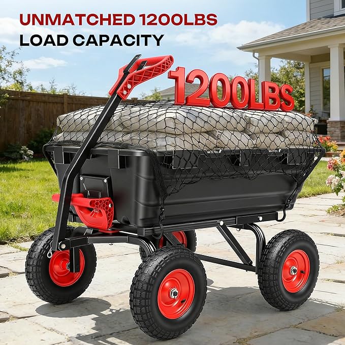 Autodaya 1200lbs Garden Dump Cart,7 Cu.Ft Utility Wagon Cart with Hitch,Heavy Duty Yard Dump Wagon Wheelbarrows with 13" All Terrain Wheels & 2-in-1 Handle,Tow Behind for Lawn Mower Tractor ATV